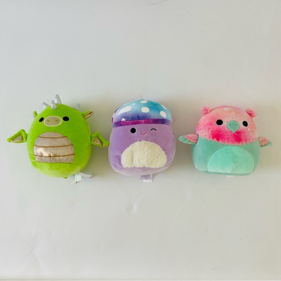 EUC Original Squishmallows Set of THREE Green Dragon, Purple Mushroom, Pink Owl - Picture 2 of 6